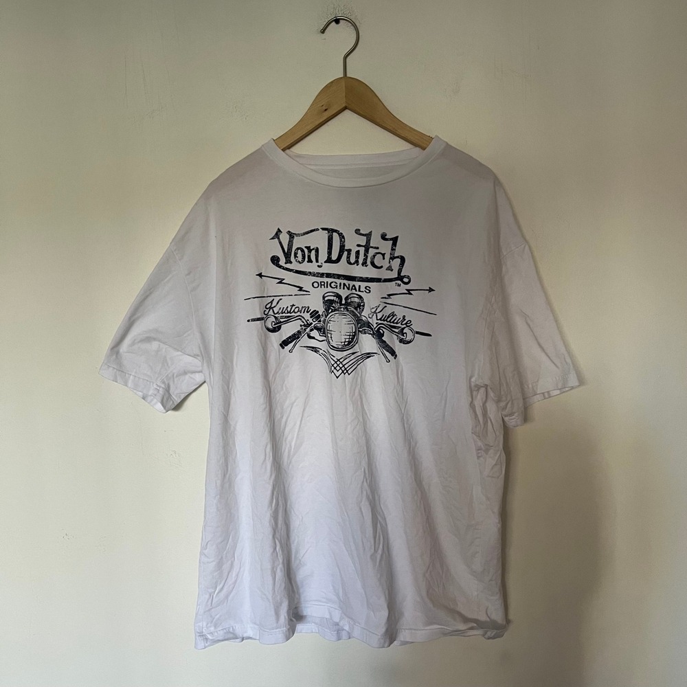 Von Dutch Originals Kustom Kulture White Graphic T-Shirt XXL Biker Y2K Tee